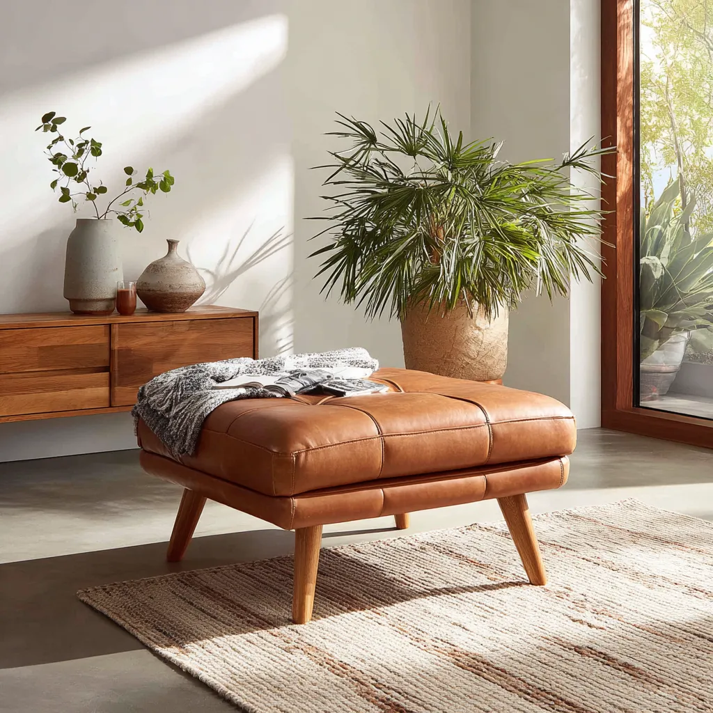 Pouf in pelle color cuoio 80x80x45 cm - design moderno - pelle sintetica - cuoio-Hutare