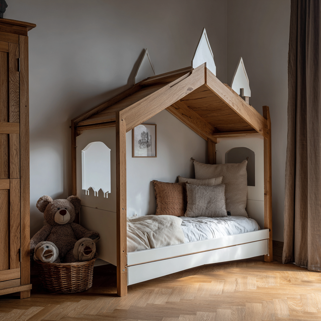 Letti per bambini in legno 160x90x165 cm - rovere-bianco - con tetto decorativo - design a casetta per cameretta-Hutare