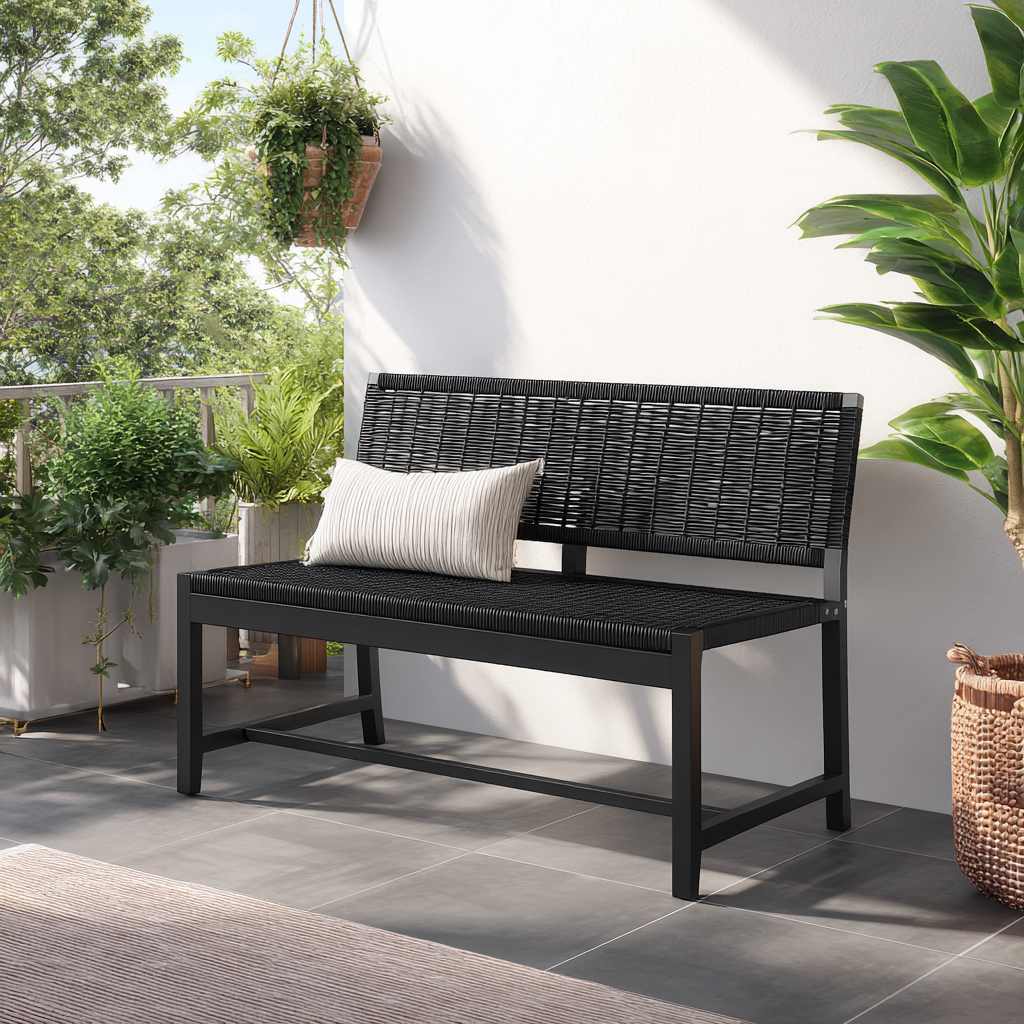 Panchina da giardino in rattan sintetico e metallo - 120x60x85 cm - nero - design moderno per esterni-Hutare
