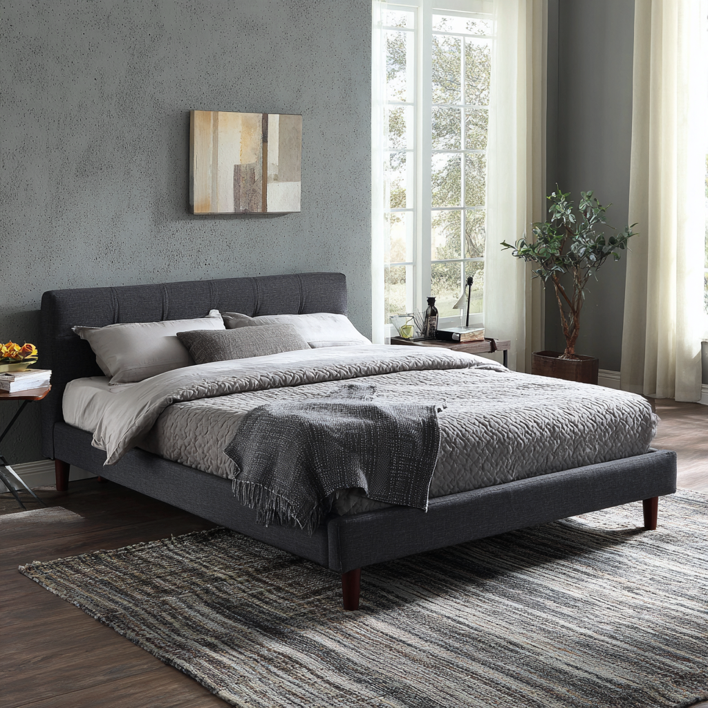 Letto matrimoniale imbottito in tessuto grigio scuro con gambe in legno - 160x200x95 cm - Design contemporaneo-Hutare