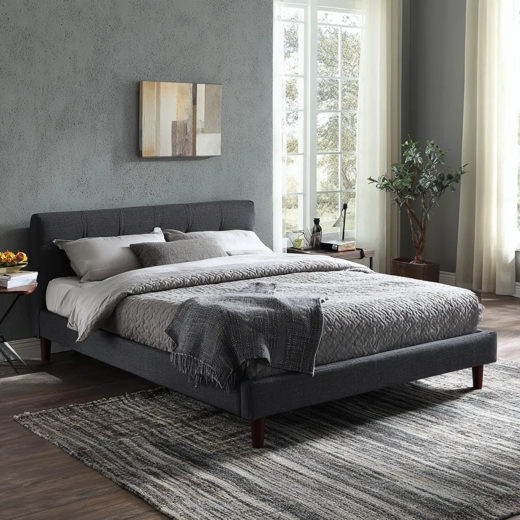 Letto matrimoniale imbottito in tessuto grigio scuro con gambe in legno - 160x200x95 cm - Design contemporaneo-Hutare