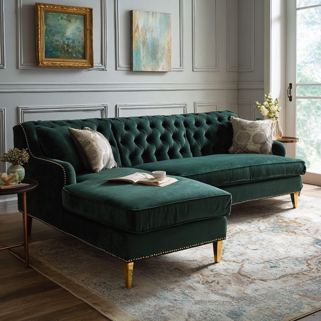 Divano angolare velluto verde smeraldo 240x95x85 cm - verde smeraldo - design classico-Hutare