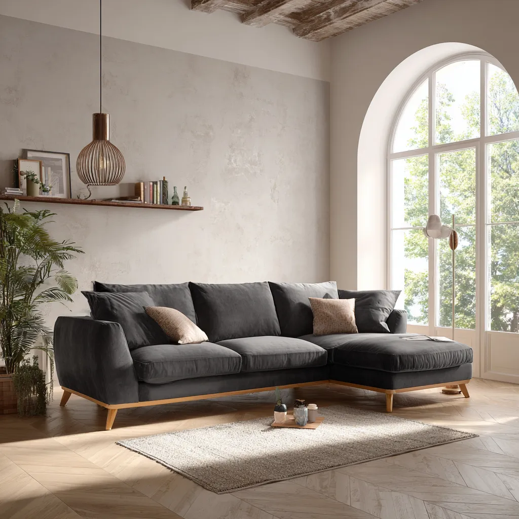 Divano angolare in velluto 280x175x85 cm - grigio scuro - design moderno scandinavo-Hutare