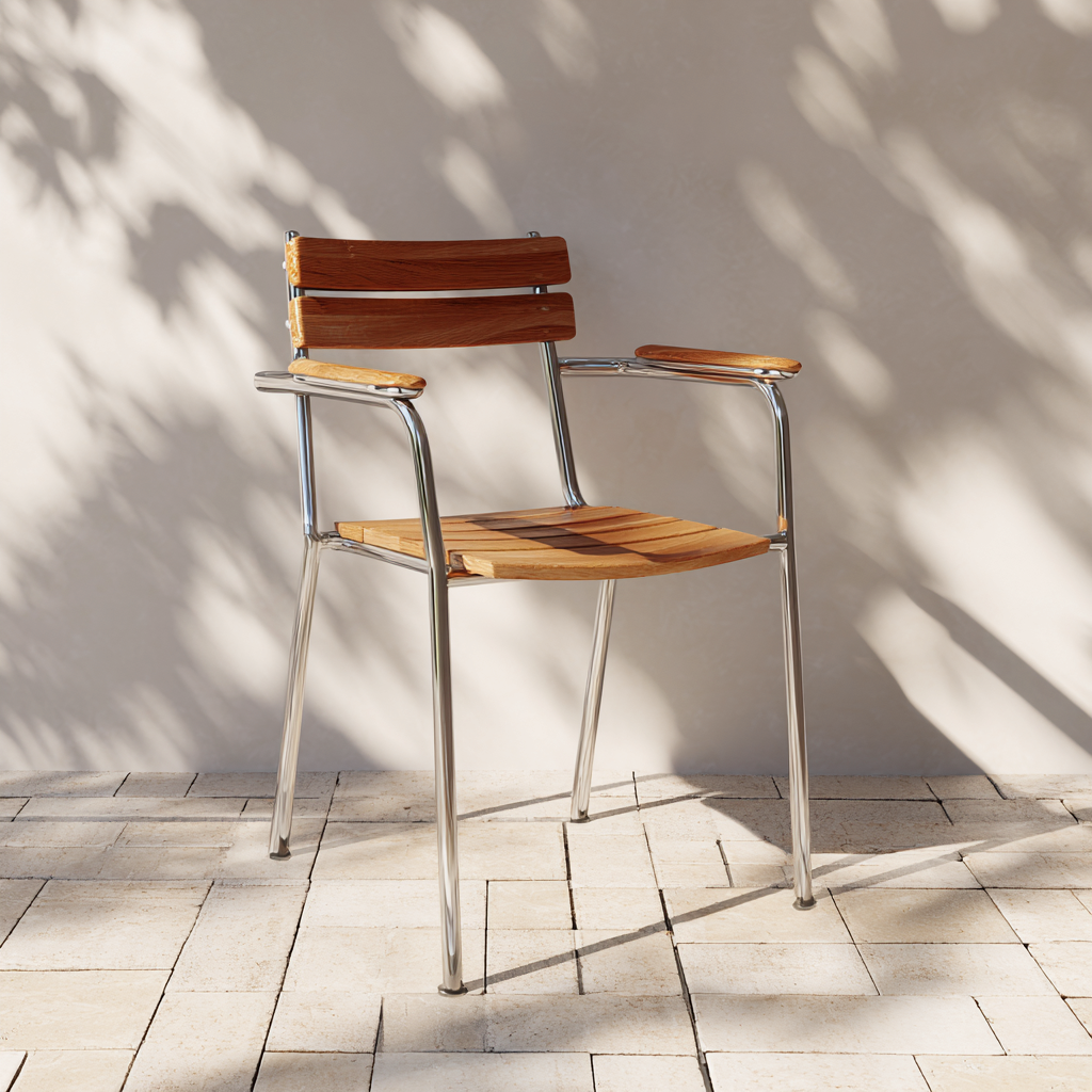 Sedia da giardino in legno e metallo con braccioli 55x58x85 cm - naturale-argento - impilabile - design moderno per esterni-Hutare