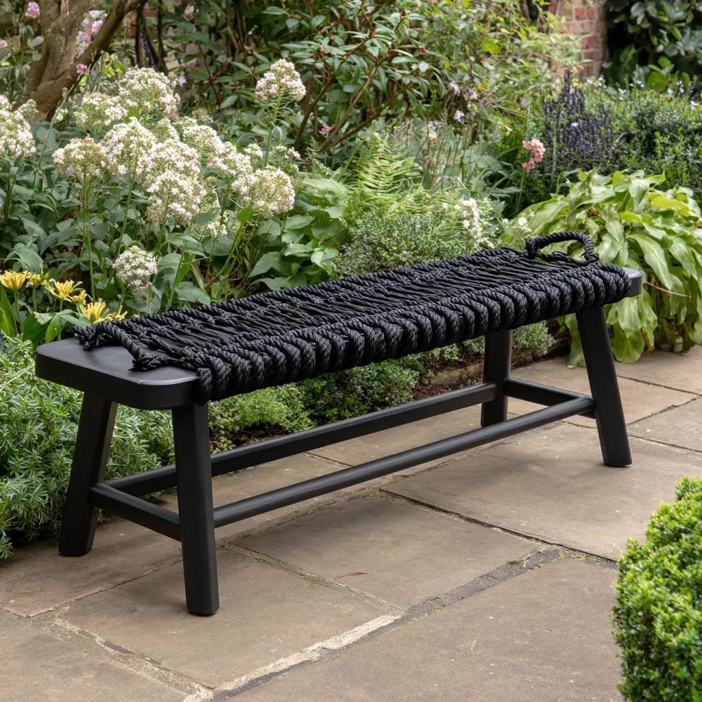 Panchina da giardino in legno con seduta in corda intrecciata - 110x40x45 cm - nero - design contemporaneo per esterni-Hutare