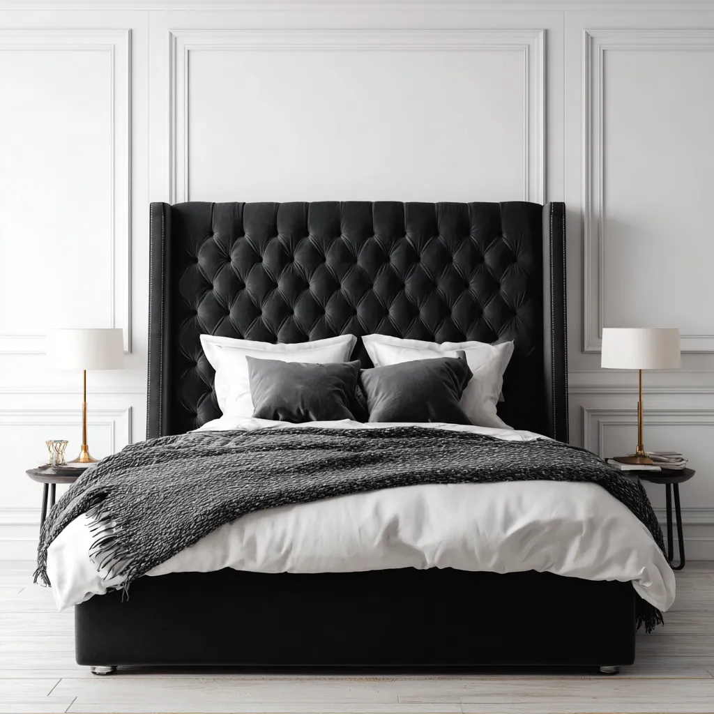 Letto matrimoniale imbottito in velluto nero con testiera capitonné alta - 160x200x130 cm - Stile classico elegante-Hutare