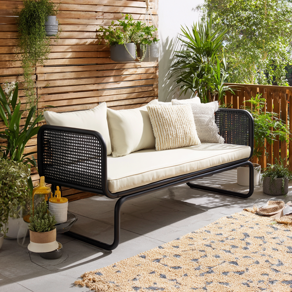 Panca da giardino in rattan 120x60x85 cm - rattan - nero - stile moderno - con cuscini crema-Hutare