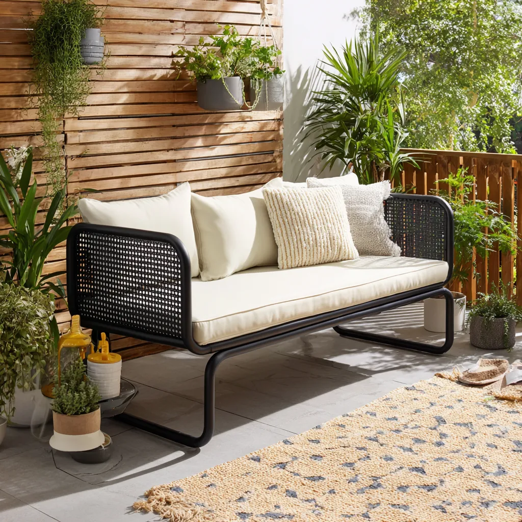 Panca da giardino in rattan 120x60x85 cm - rattan - nero - stile moderno - con cuscini crema-Hutare
