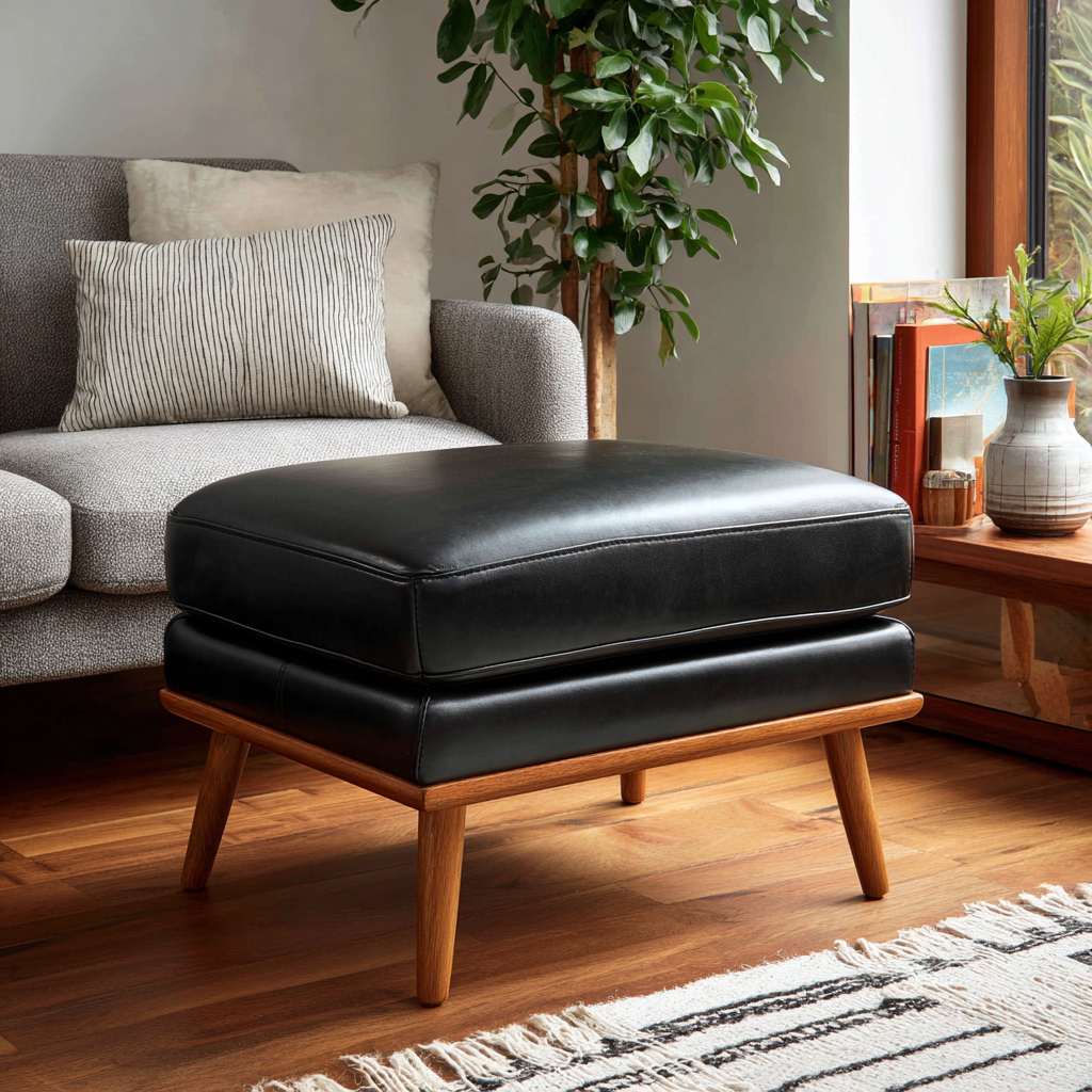 Pouf in pelle 70x55x45 cm - design moderno - pelle sintetica - nero e legno naturale-Hutare