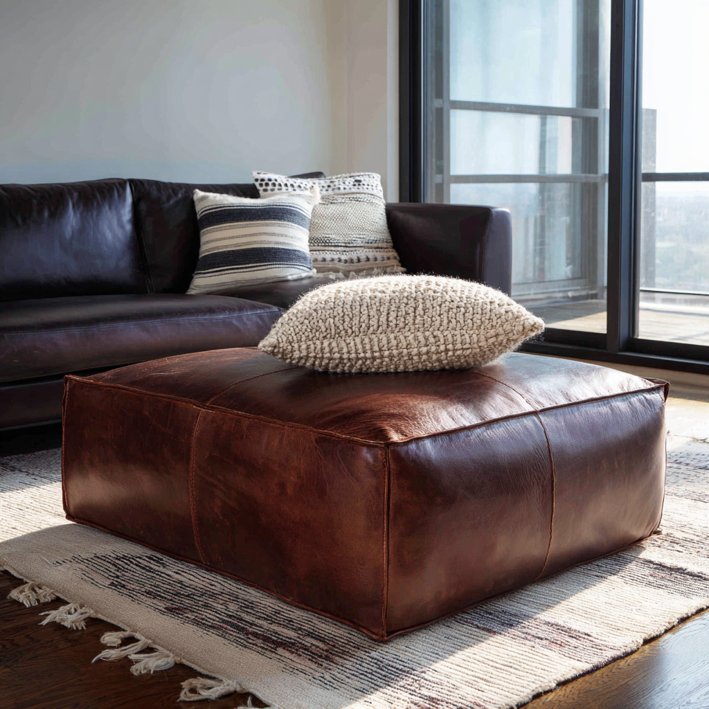 Pouf in pelle 90x90x35 cm - design moderno - pelle sintetica - marrone scuro-Hutare