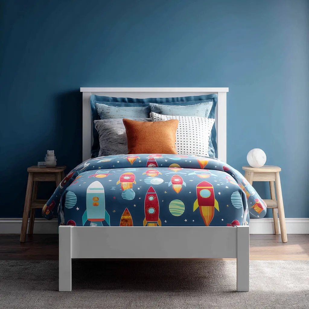 Letto per bambini 160x90x85 cm - struttura in legno bianco - fantasia razzi spaziali - design moderno e giocoso-Hutare