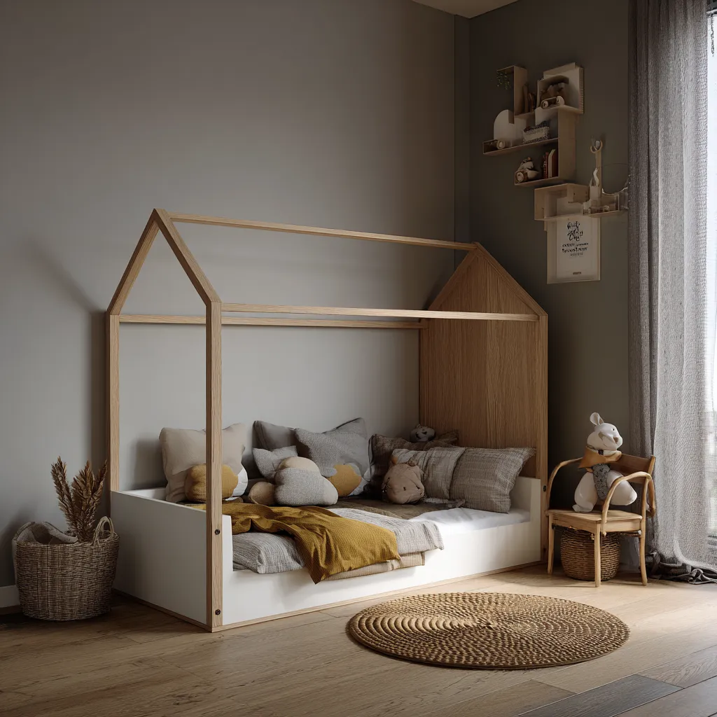 Letto per bambini 160x100x160 cm - struttura a casetta in legno naturale e bianco - design scandinavo e creativo-Hutare