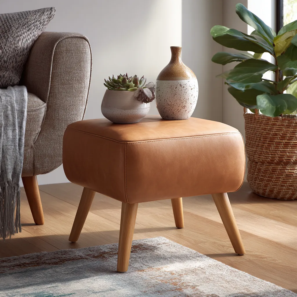 Pouf in pelle 45x45x40 cm - design moderno - pelle sintetica - caramello e legno naturale-Hutare