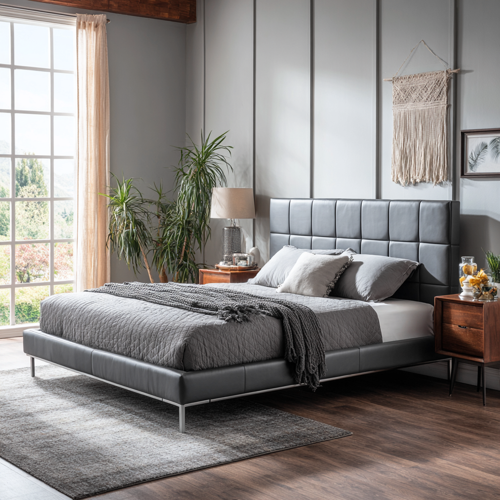 Letto matrimoniale in ecopelle grigia con testiera imbottita - 160x200x105 cm - design moderno minimalista-Hutare