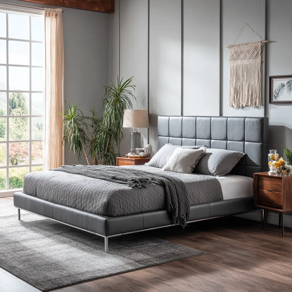 Letto matrimoniale in ecopelle grigia con testiera imbottita - 160x200x105 cm - design moderno minimalista-Hutare