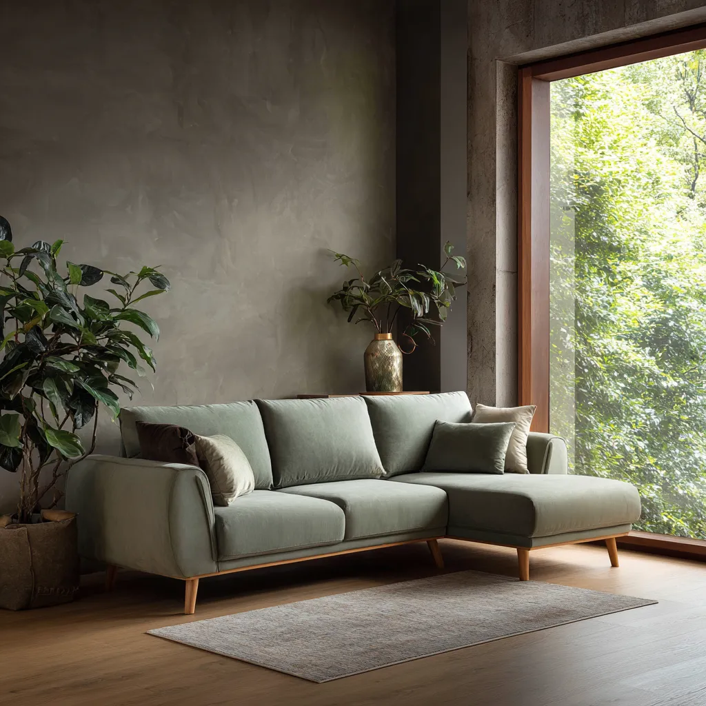 Divano angolare in tessuto verde salvia 270x165x85 cm - verde salvia - design scandinavo naturale-Hutare