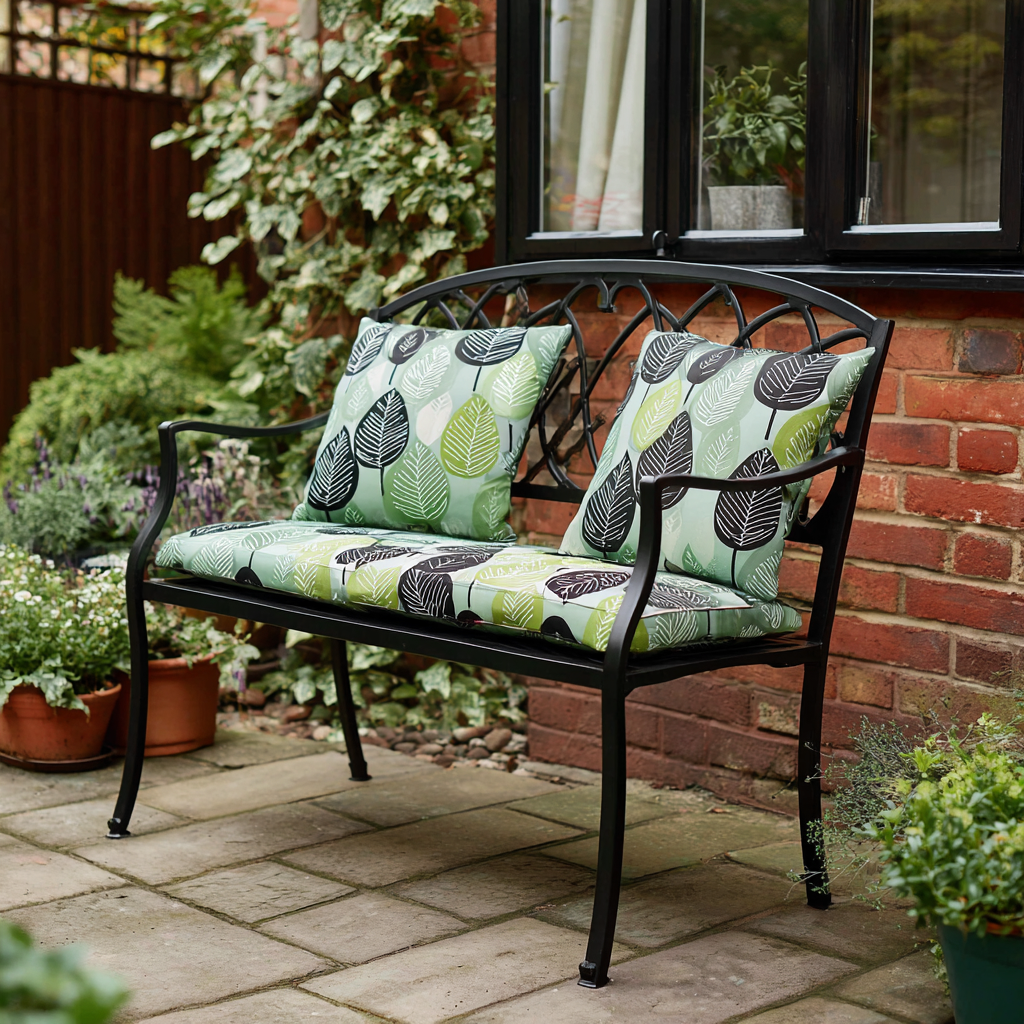 Panchina da giardino in metallo con cuscini - 118x58x90 cm - colore nero-verde - design moderno con schienale decorativo-Hutare