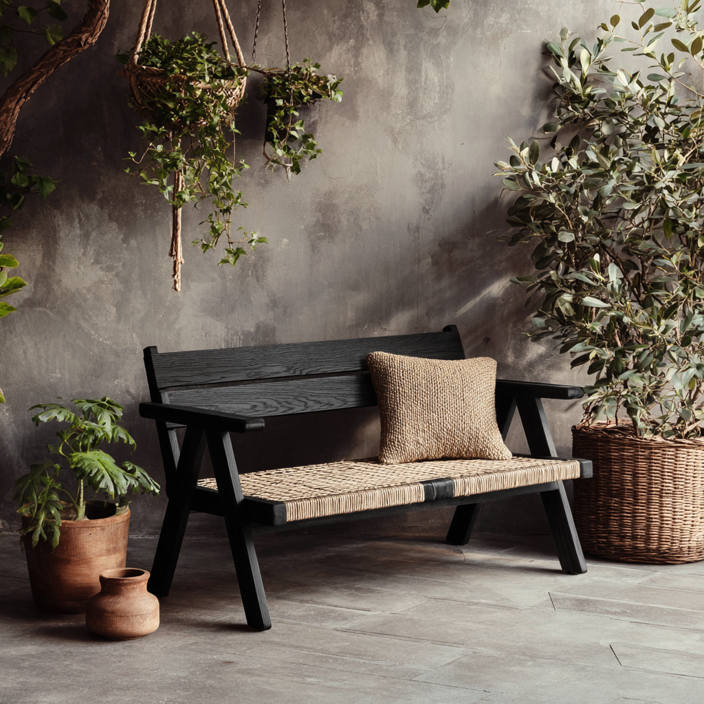 Panchina da giardino in legno e corda intrecciata - 130x65x85 cm - colore nero-naturale - design nordico ed essenziale-Hutare