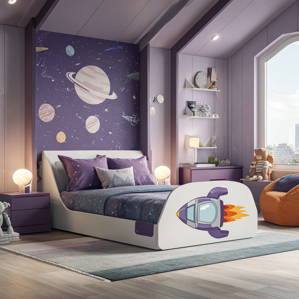 Letto per bambini in legno 160x100x90 cm - bianco-viola - design spaziale con razzo-Hutare