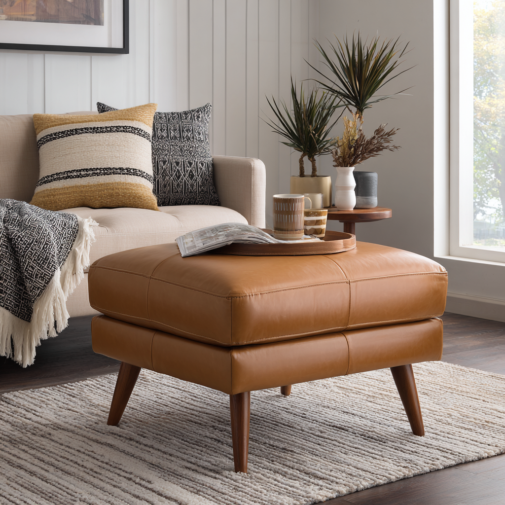 Pouf in pelle 75x60x45 cm - design moderno - pelle sintetica - caramello e legno scuro-Hutare