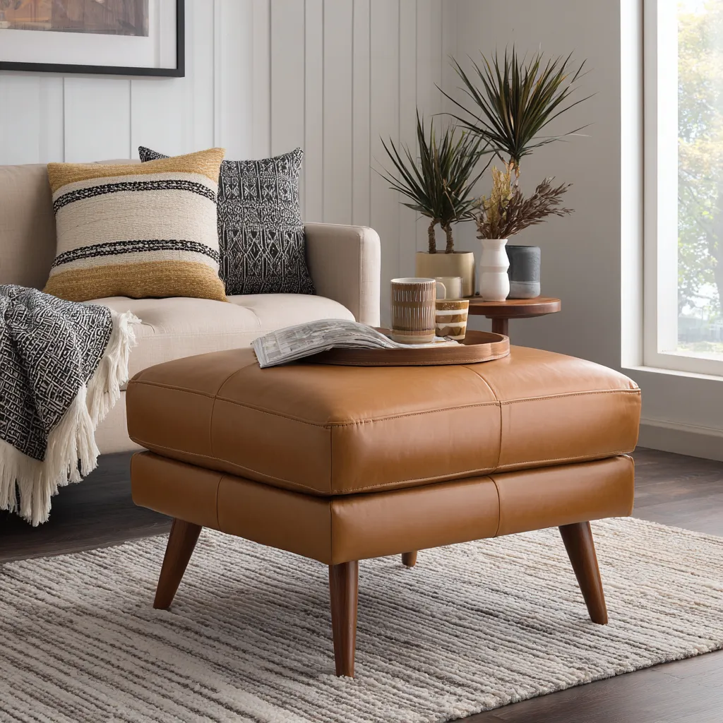 Pouf in pelle 75x60x45 cm - design moderno - pelle sintetica - caramello e legno scuro-Hutare