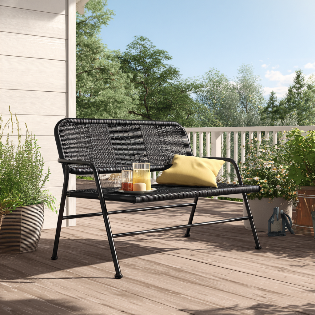 Panchina da giardino in rattan sintetico - 115x60x85 cm - colore nero - design moderno per esterni-Hutare