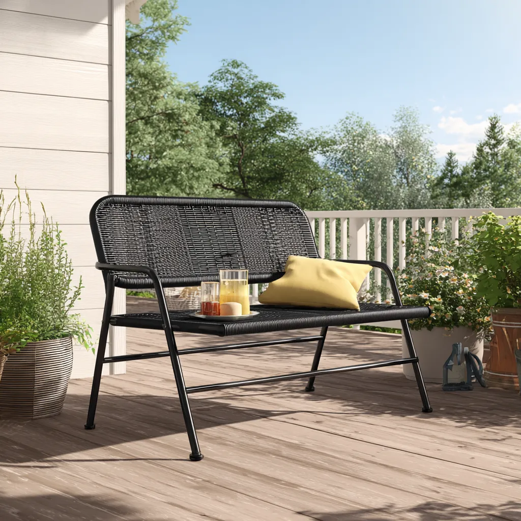 Panchina da giardino in rattan sintetico - 115x60x85 cm - colore nero - design moderno per esterni-Hutare
