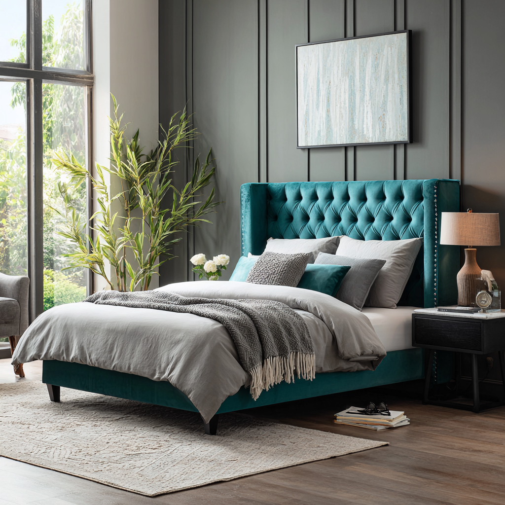 Letto matrimoniale in velluto 200x160x120 cm - verde petrolio - con testiera capitonné alta - design elegante moderno-Hutare