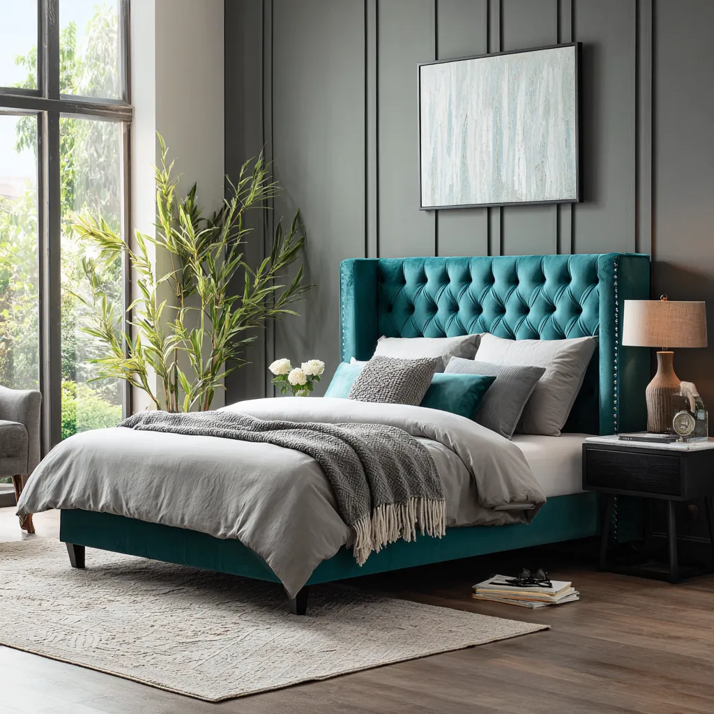 Letto matrimoniale in velluto 200x160x120 cm - verde petrolio - con testiera capitonné alta - design elegante moderno-Hutare