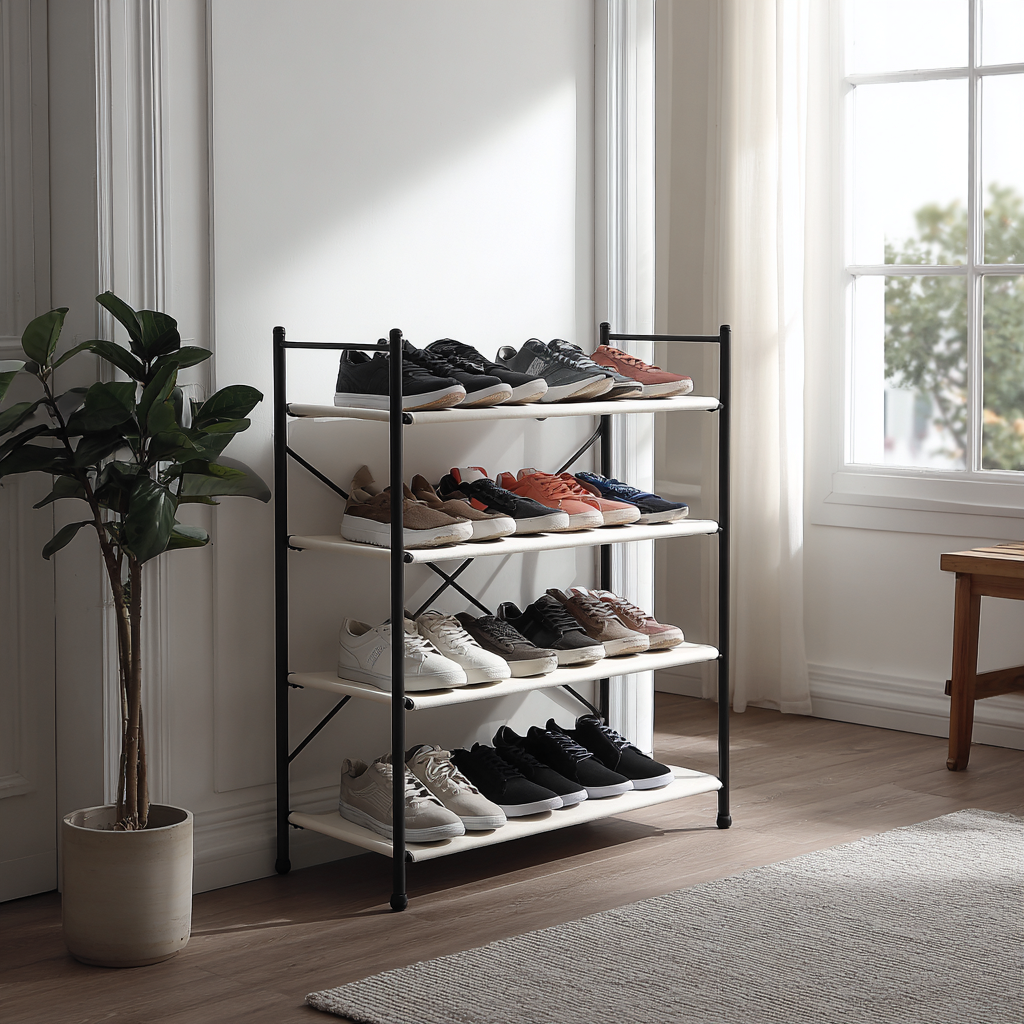 Scarpiera in metallo e tessuto 80x30x90 cm - nero-bianco - design moderno-Hutare