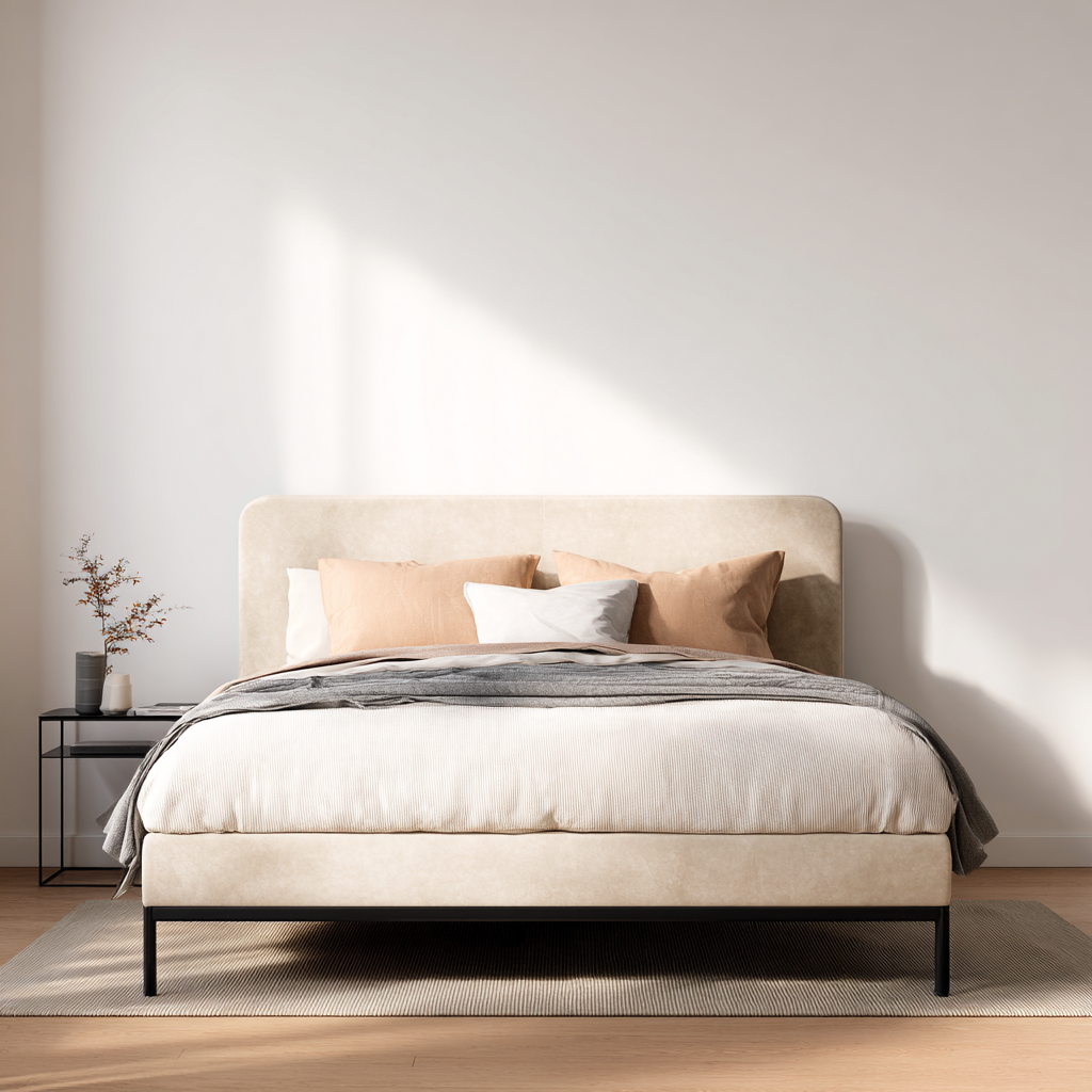 Letto matrimoniale imbottito in velluto beige con struttura in metallo nero - 160x200x95 cm - Design minimalista moderno-Hutare