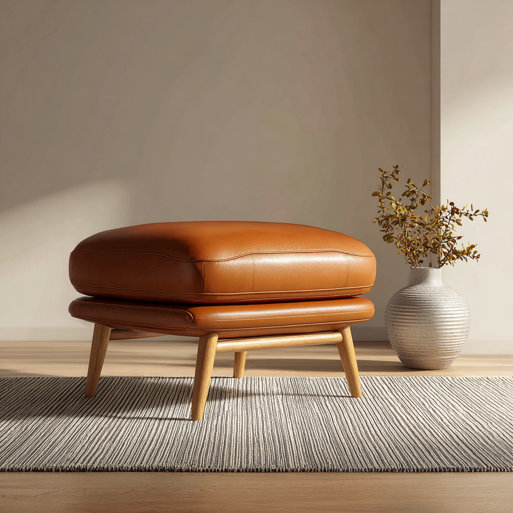 Pouf in pelle 70x55x45 cm - design moderno - pelle sintetica - cuoio e legno naturale-Hutare