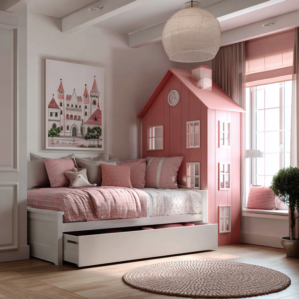 Letti per bambini in legno 160x90x95 cm - bianco-rosa - con cassetto estraibile - design a casetta per cameretta-Hutare