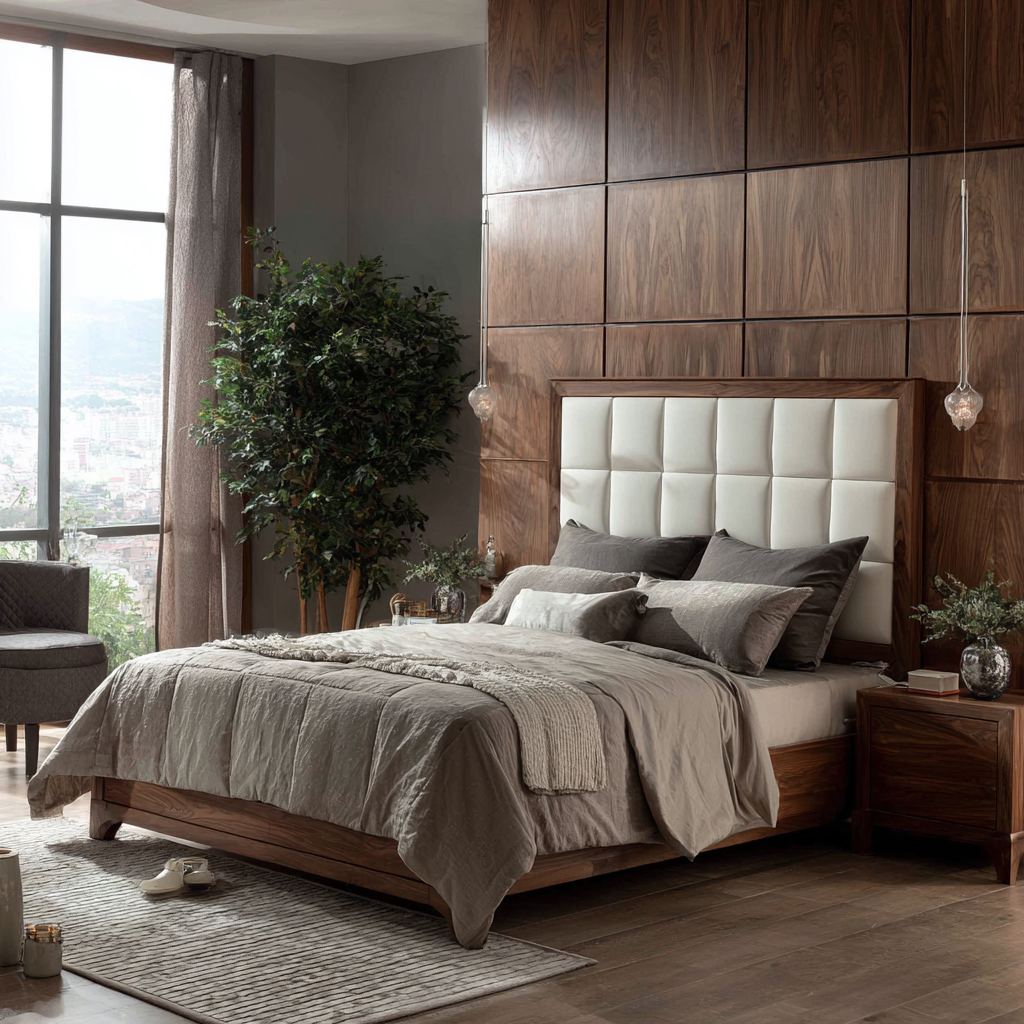 Letto matrimoniale in legno e similpelle 200x160x115 cm - noce e bianco - con testiera imbottita trapuntata - design contemporaneo elegante-Hutare