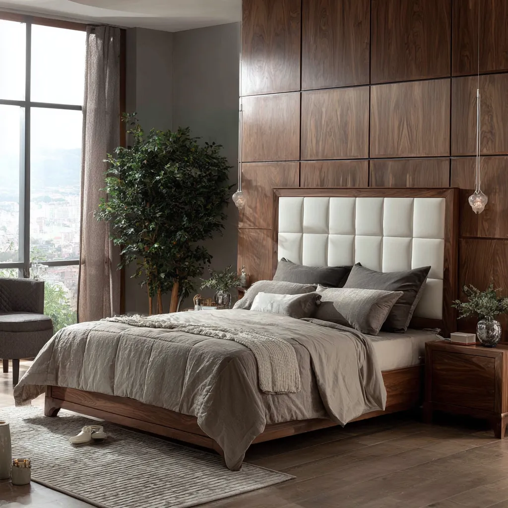 Letto matrimoniale in legno e similpelle 200x160x115 cm - noce e bianco - con testiera imbottita trapuntata - design contemporaneo elegante-Hutare