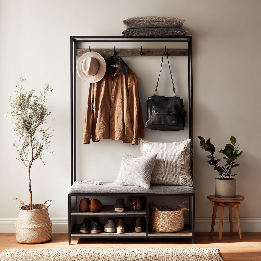 Appendiabiti in metallo con panca e ripiani per scarpe - 90x35x180 cm - nero - stile industriale minimalista-Hutare