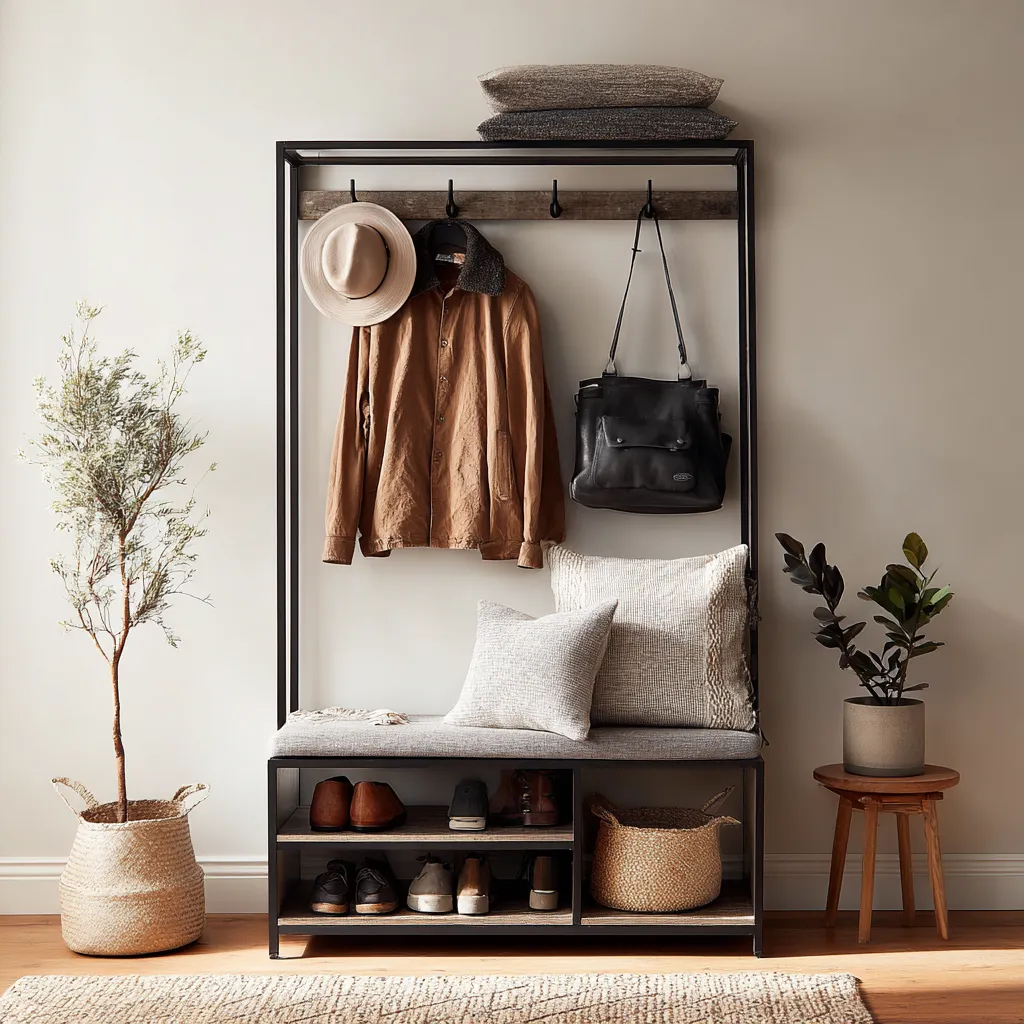 Appendiabiti in metallo con panca e ripiani per scarpe - 90x35x180 cm - nero - stile industriale minimalista-Hutare