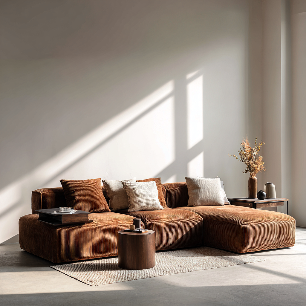 Divano angolare in velluto a coste 300x180x85 cm - marrone - design moderno minimalista-Hutare