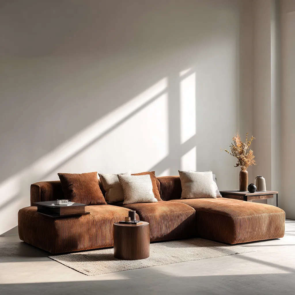 Divano angolare in velluto a coste 300x180x85 cm - marrone - design moderno minimalista-Hutare