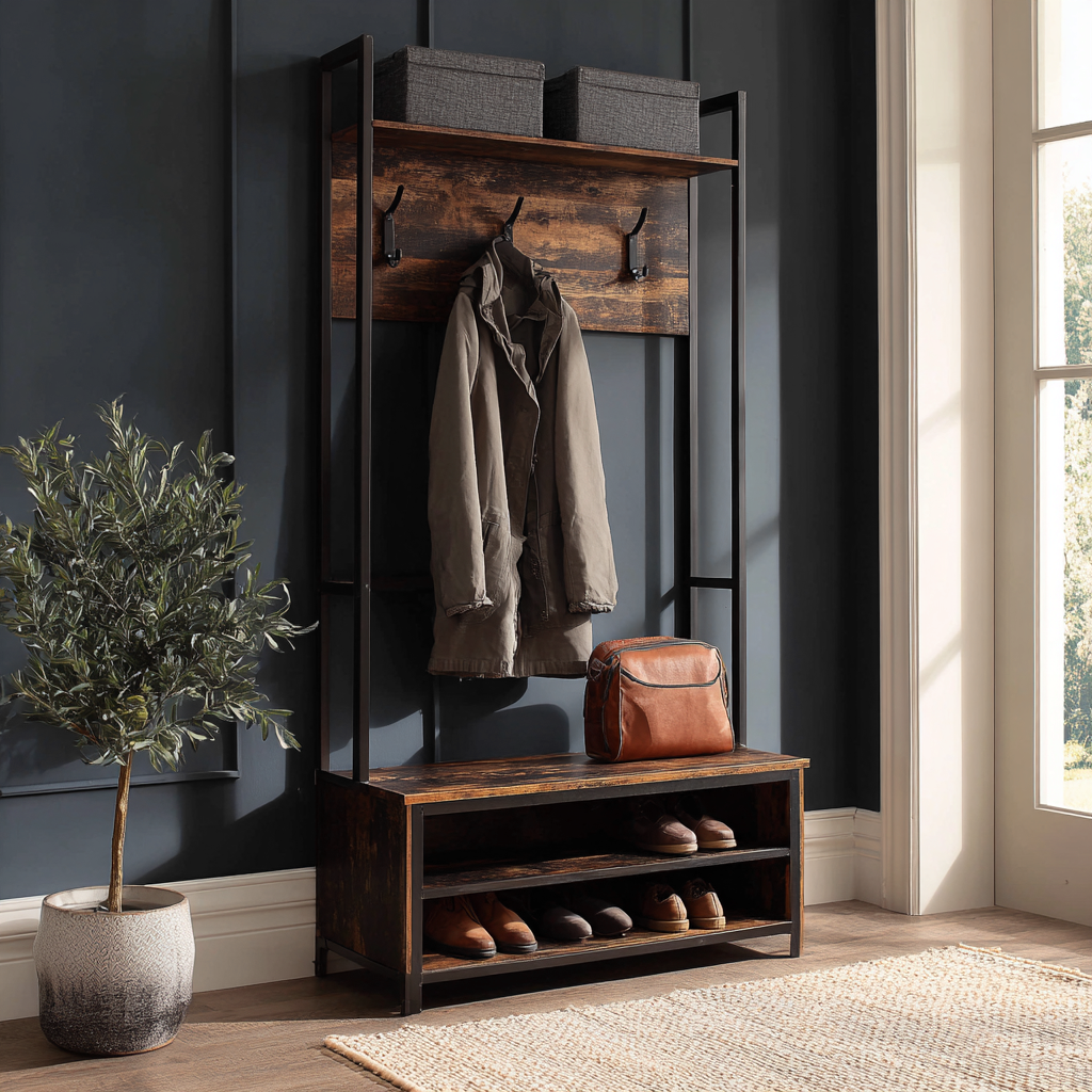 Appendiabiti in legno e metallo con panca e ripiani porta scarpe - 90x40x180 cm - marrone scuro-nero - stile industriale vintage-Hutare