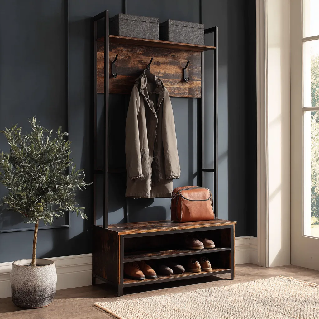 Appendiabiti in legno e metallo con panca e ripiani porta scarpe - 90x40x180 cm - marrone scuro-nero - stile industriale vintage-Hutare