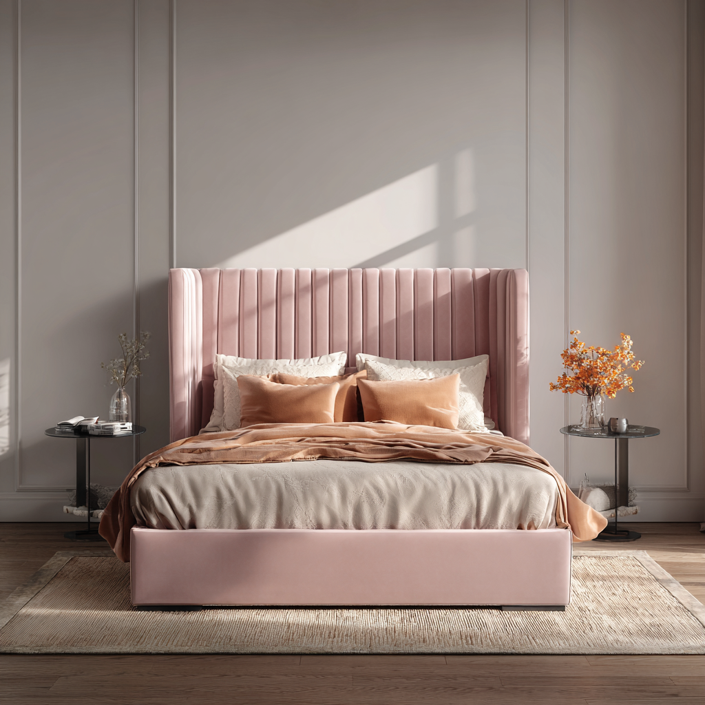 Letto matrimoniale imbottito in velluto rosa cipria con testiera alta - 160x200x120 cm - Stile moderno elegante-Hutare