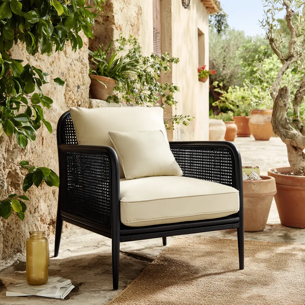 Poltrona da giardino con cuscini - struttura in alluminio e rattan sintetico nero 78x80x85 cm - cuscini beige - design moderno - singola-Hutare