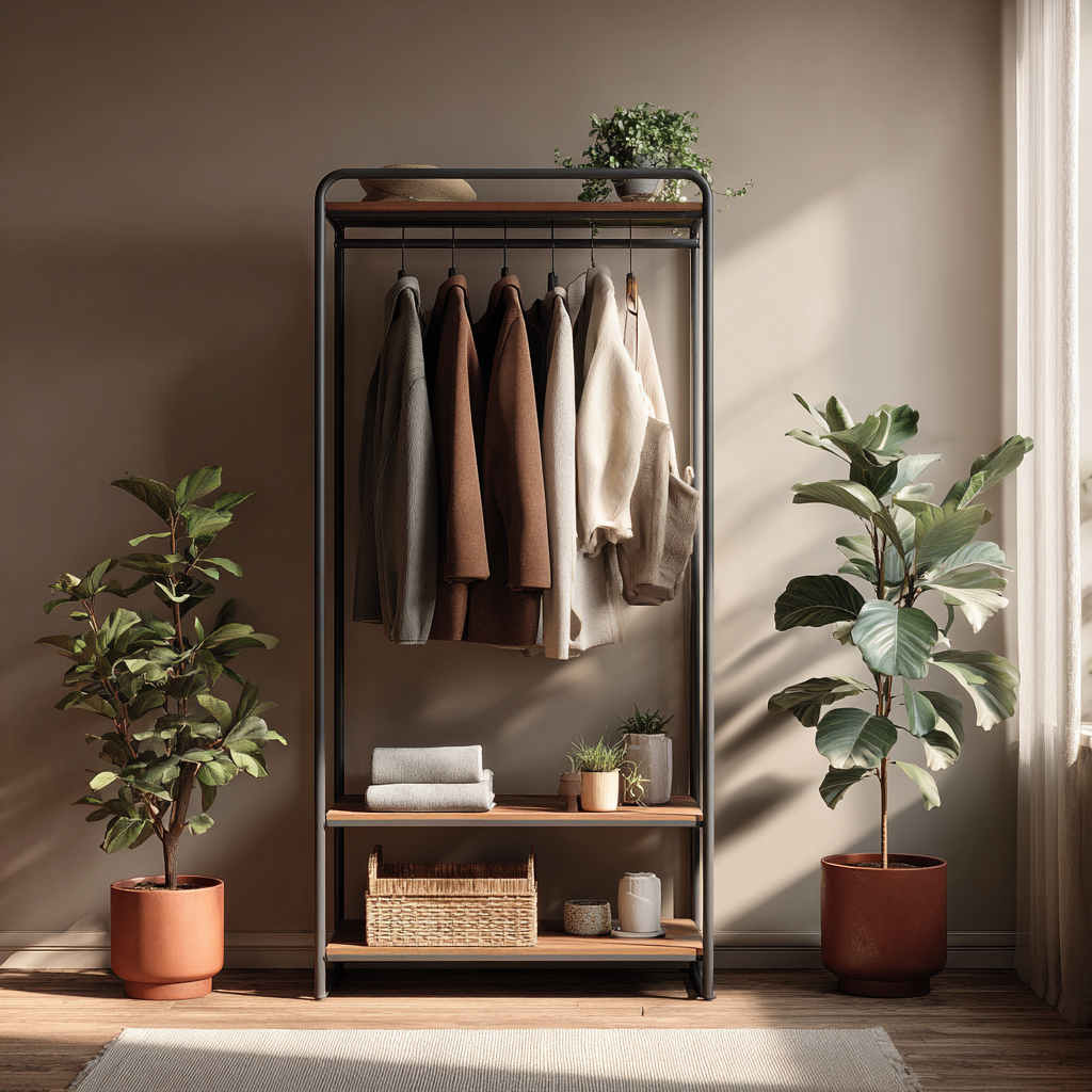 Appendiabiti in metallo con ripiano in legno 80x40x180 cm - nero-legno naturale - design industriale-Hutare