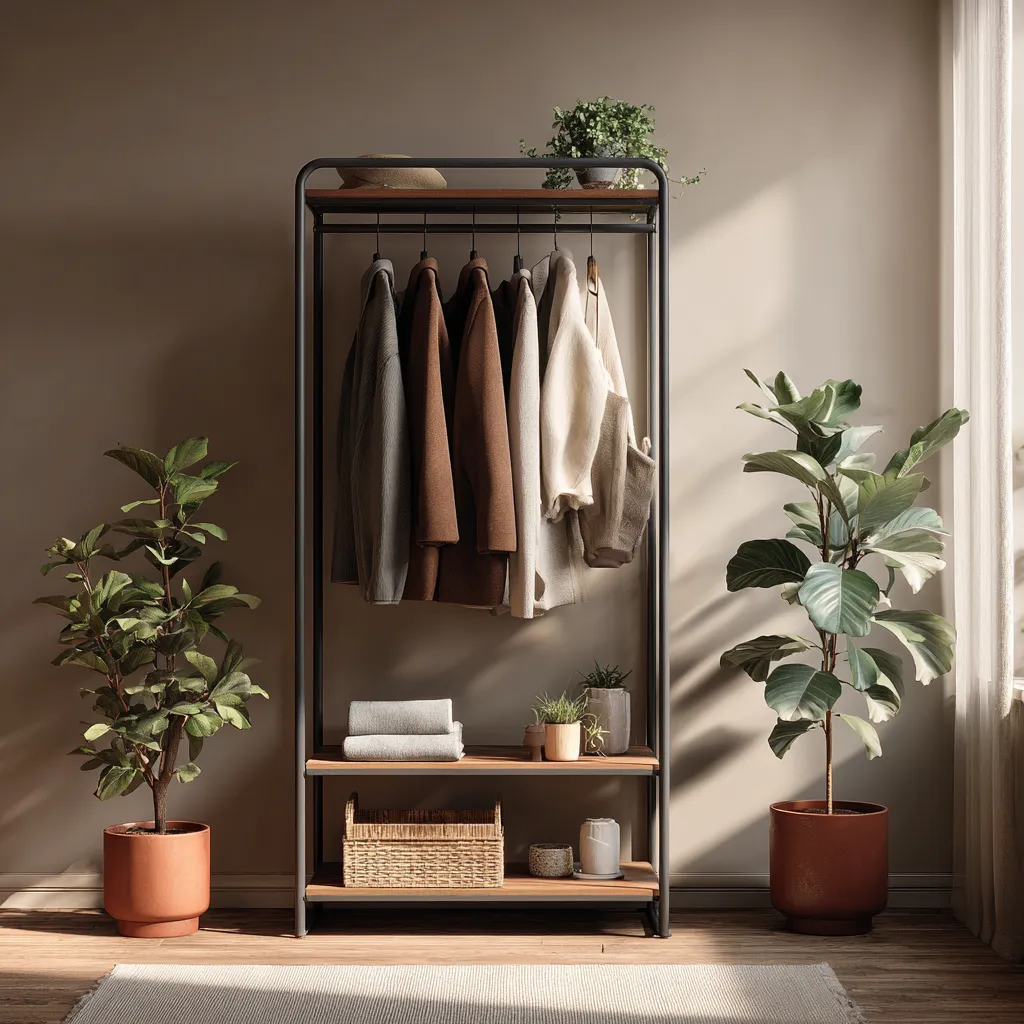 Appendiabiti in metallo con ripiano in legno 80x40x180 cm - nero-legno naturale - design industriale-Hutare