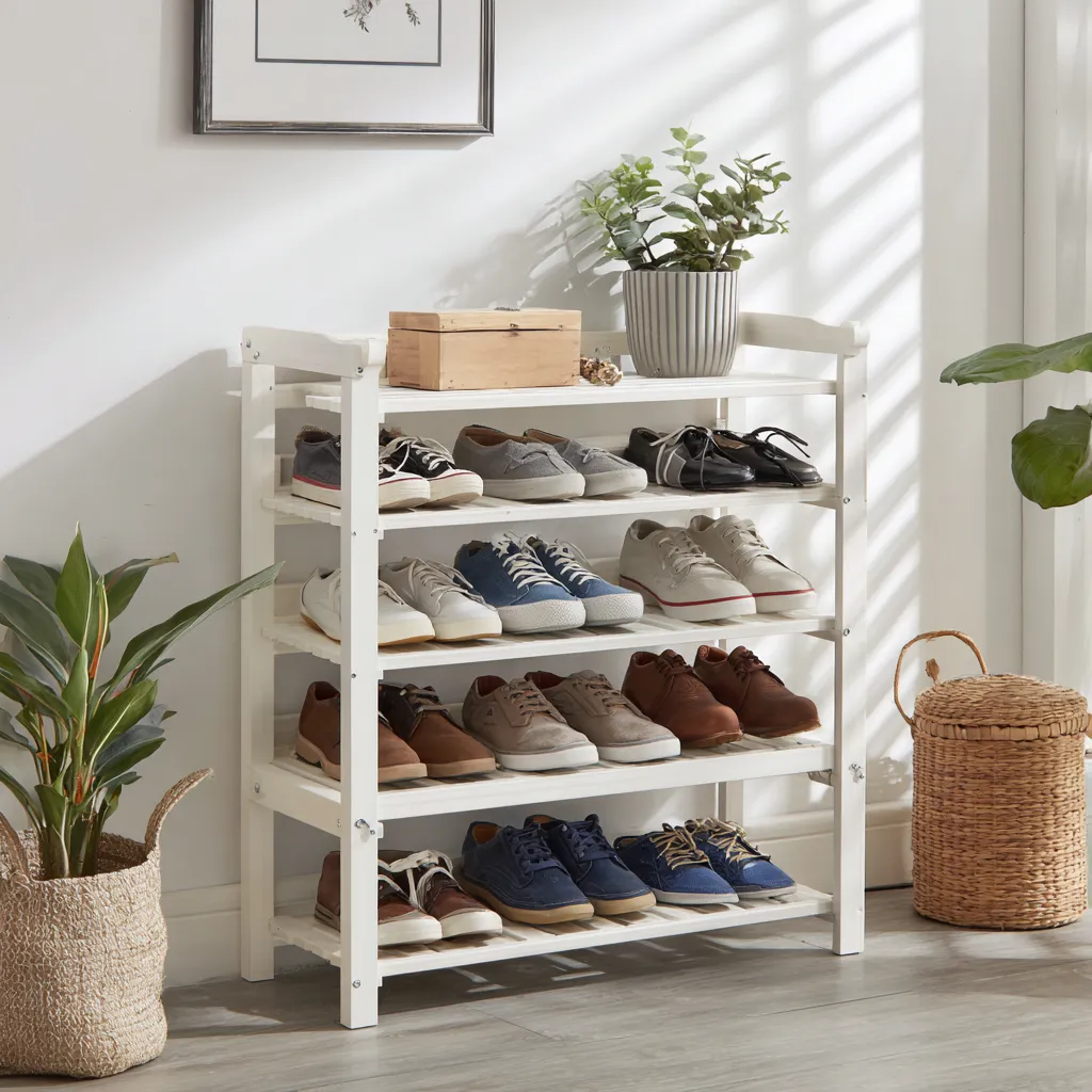 Scarpiera in legno a 5 ripiani 60x20x60 cm - bianco - design moderno - organizzatore scarpe-Hutare