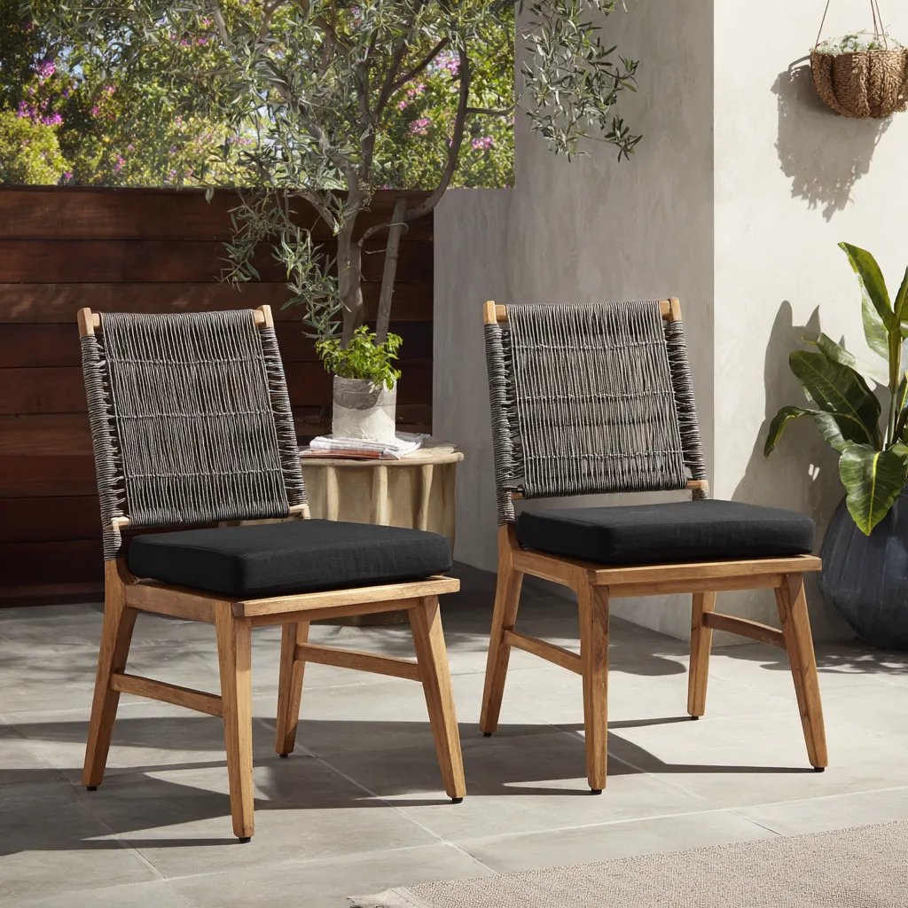 Set di 2 sedie da giardino con cuscini - legno di teak e corda sintetica 55x62x88 cm - naturale-nero - design contemporaneo-Hutare