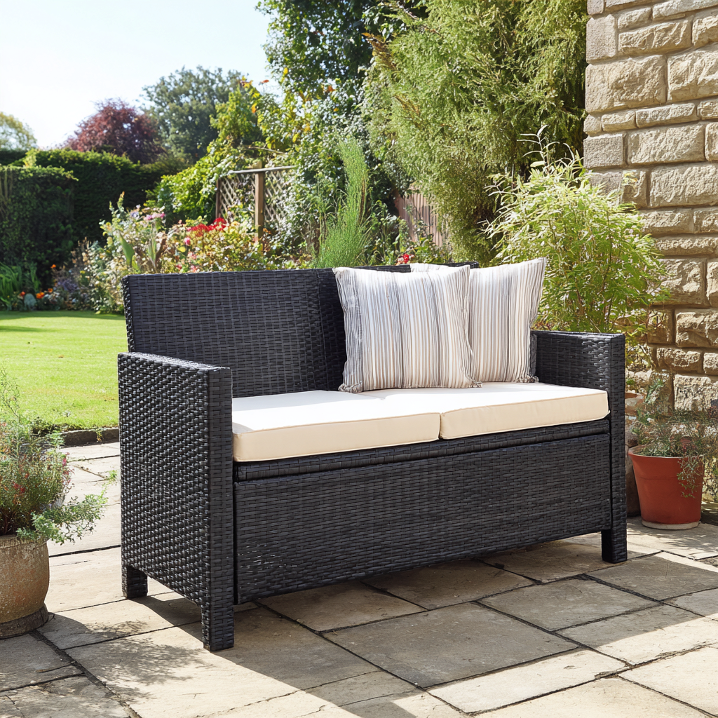 Panchina da giardino in rattan sintetico con cuscini - 120x65x85 cm - colore nero-crema - design moderno con contenitore integrato-Hutare