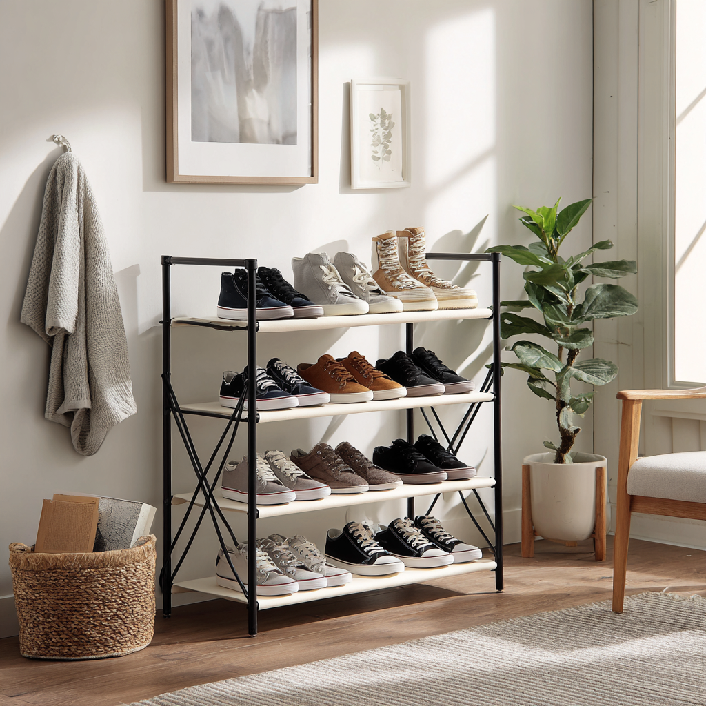 Scarpiera in metallo con ripiani in tessuto 80x30x85 cm - nero-bianco - design moderno pieghevole-Hutare