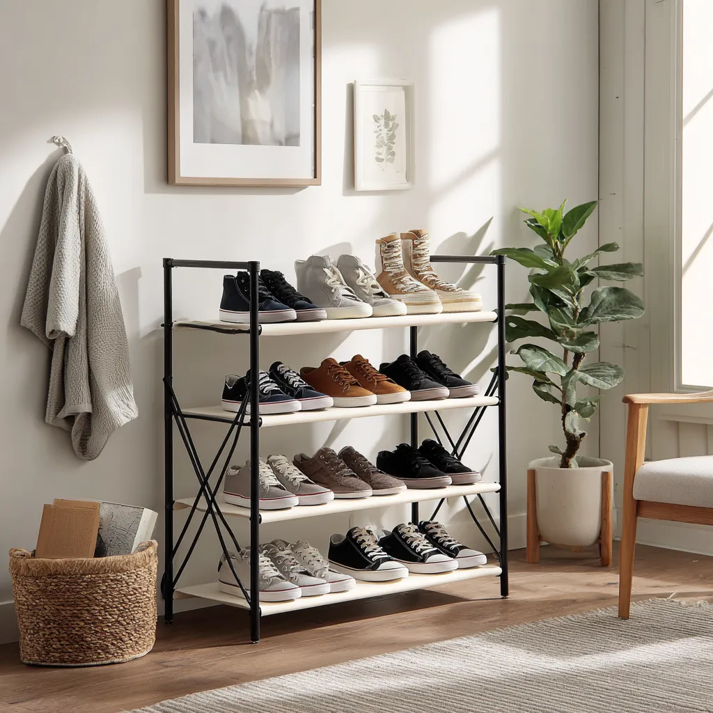 Scarpiera in metallo con ripiani in tessuto 80x30x85 cm - nero-bianco - design moderno pieghevole-Hutare